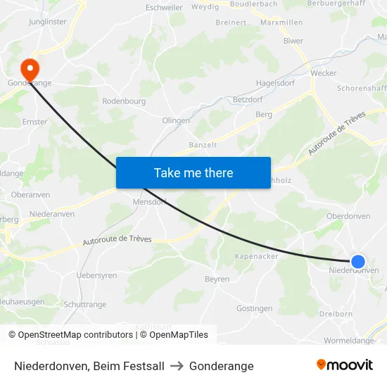 Niederdonven, Beim Festsall to Gonderange map