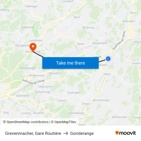 Grevenmacher, Gare Routière to Gonderange map