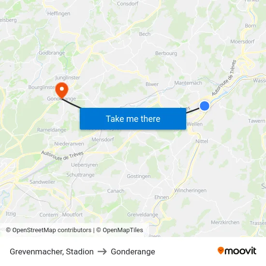Grevenmacher, Stadion to Gonderange map