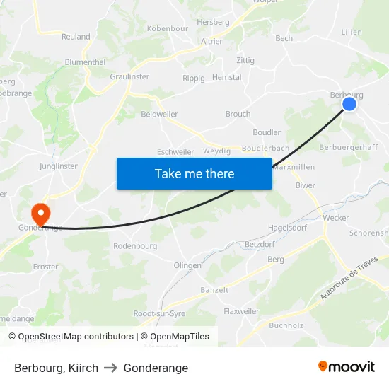 Berbourg, Kiirch to Gonderange map