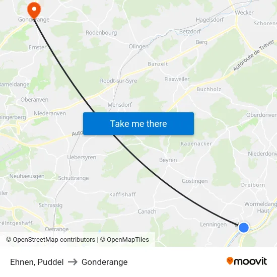 Ehnen, Puddel to Gonderange map