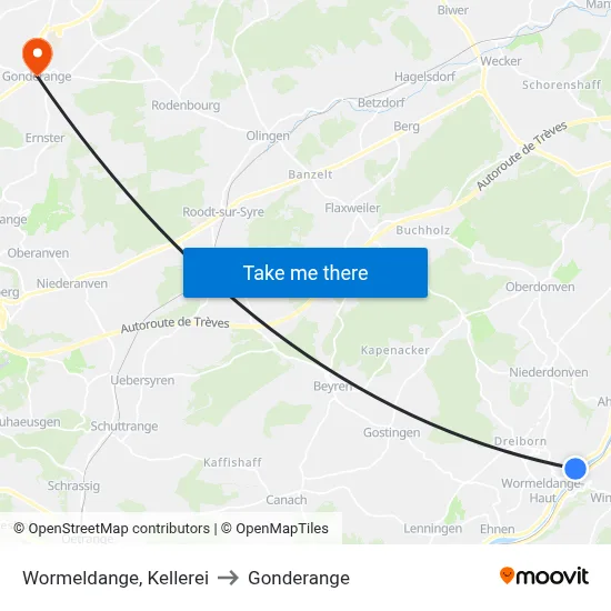 Wormeldange, Kellerei to Gonderange map