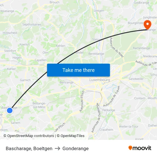 Bascharage, Boeltgen to Gonderange map