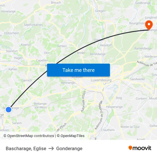 Bascharage, Eglise to Gonderange map