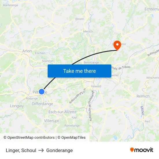 Linger, Schoul to Gonderange map