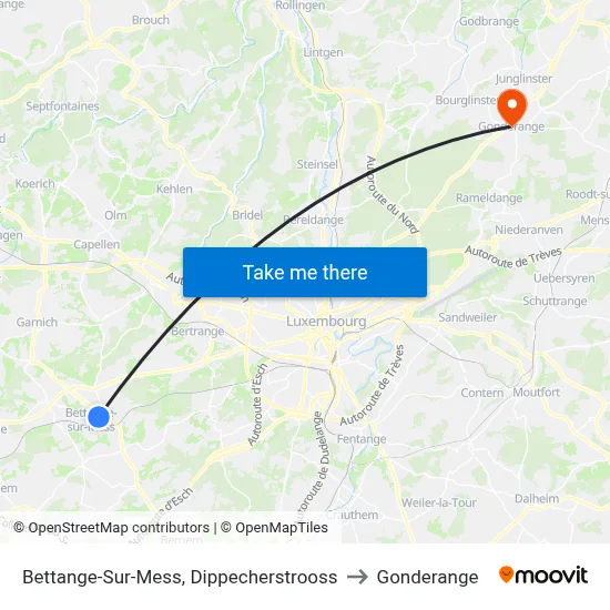 Bettange-Sur-Mess, Dippecherstrooss to Gonderange map