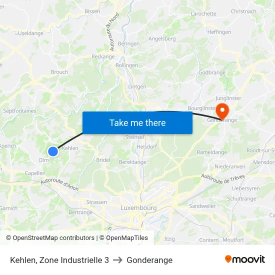 Kehlen, Zone Industrielle 3 to Gonderange map