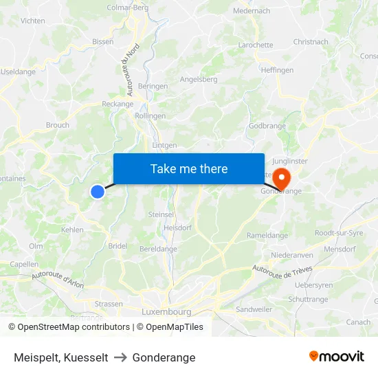 Meispelt, Kuesselt to Gonderange map