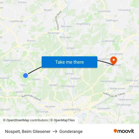 Nospelt, Beim Gliesener to Gonderange map
