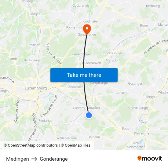 Medingen to Gonderange map