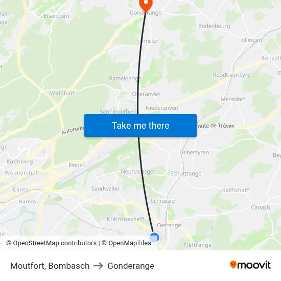 Moutfort, Bombasch to Gonderange map
