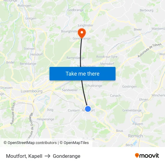 Moutfort, Kapell to Gonderange map