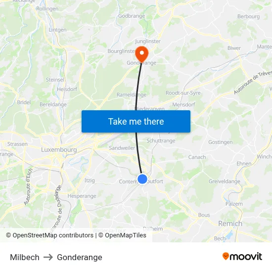 Milbech to Gonderange map
