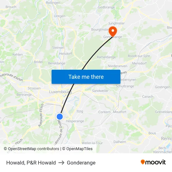 Howald, P&R Howald to Gonderange map
