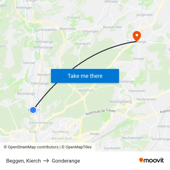 Beggen, Kierch to Gonderange map