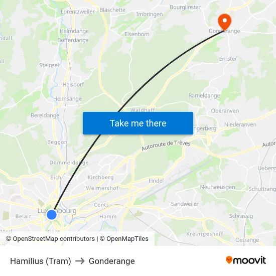 Hamilius (Tram) to Gonderange map