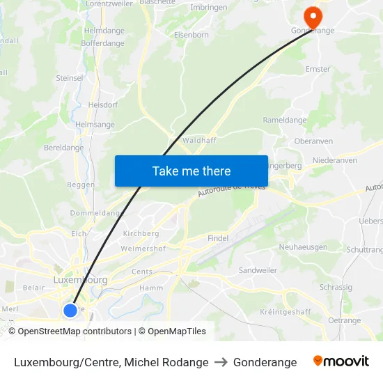Luxembourg/Centre, Michel Rodange to Gonderange map