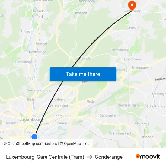 Luxembourg, Gare Centrale (Tram) to Gonderange map