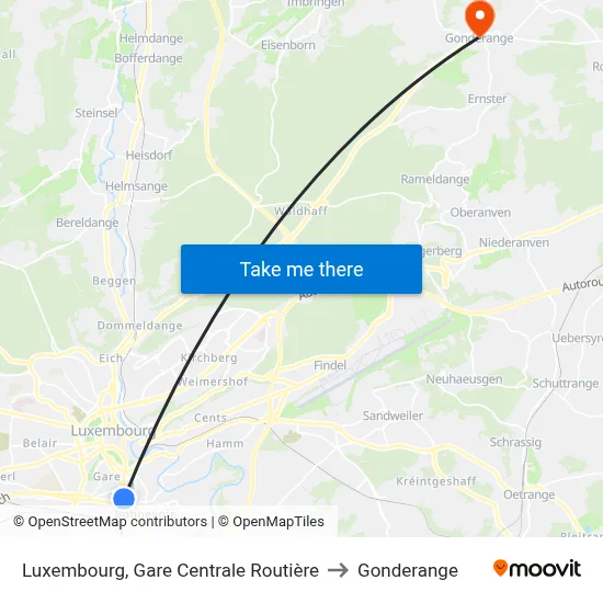Luxembourg, Gare Centrale Routière to Gonderange map