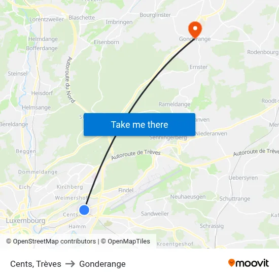 Cents, Trèves to Gonderange map