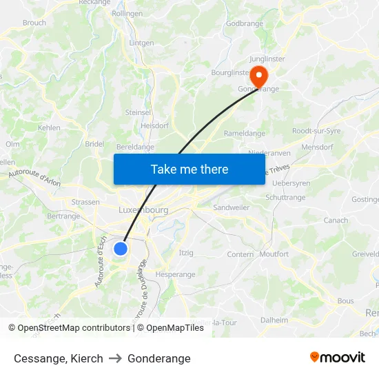 Cessange, Kierch to Gonderange map