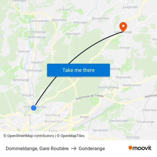Dommeldange, Gare Routière to Gonderange map