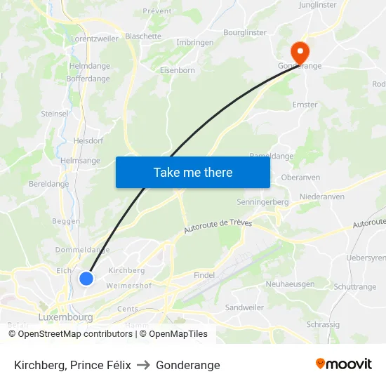 Kirchberg, Prince Félix to Gonderange map