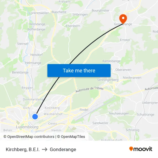 Kirchberg, B.E.I. to Gonderange map