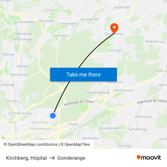 Kirchberg, Hôpital to Gonderange map