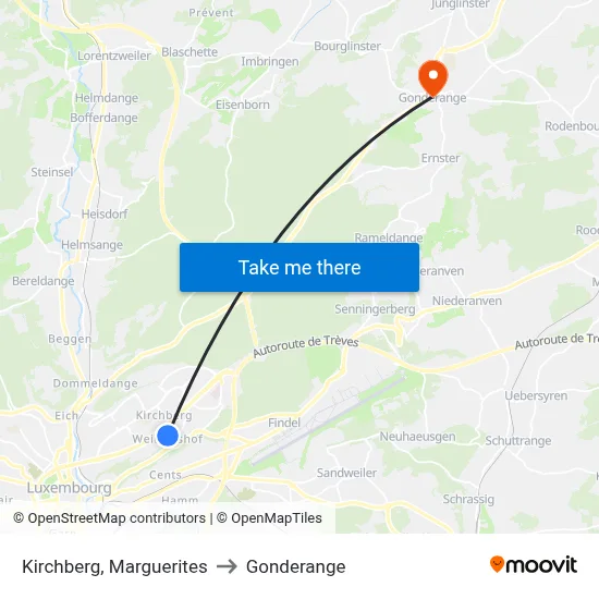 Kirchberg, Marguerites to Gonderange map