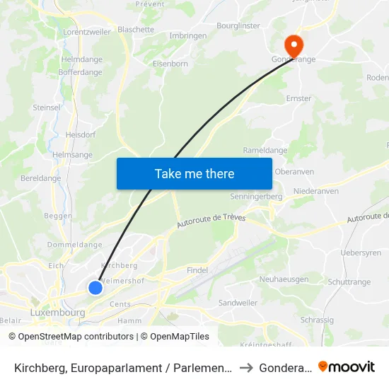 Kirchberg, Europaparlament / Parlement Européen to Gonderange map