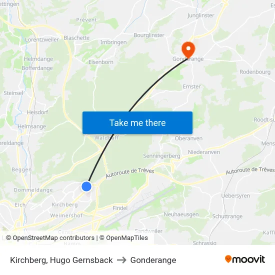 Kirchberg, Hugo Gernsback to Gonderange map