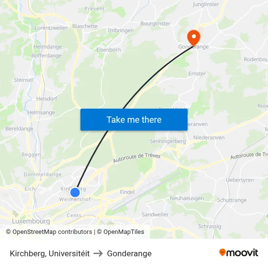 Kirchberg, Universitéit to Gonderange map