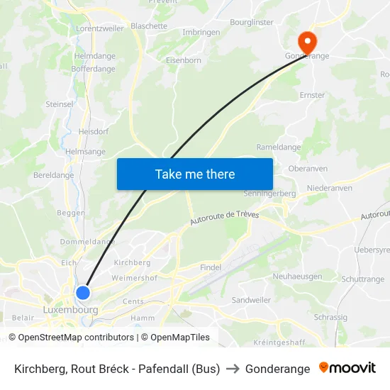Kirchberg, Rout Bréck - Pafendall (Bus) to Gonderange map