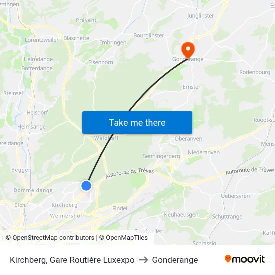 Kirchberg, Gare Routière Luxexpo to Gonderange map