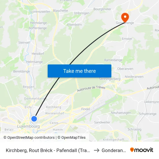 Kirchberg, Rout Bréck - Pafendall (Tram) to Gonderange map