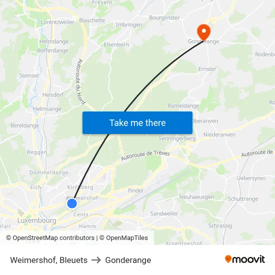 Weimershof, Bleuets to Gonderange map