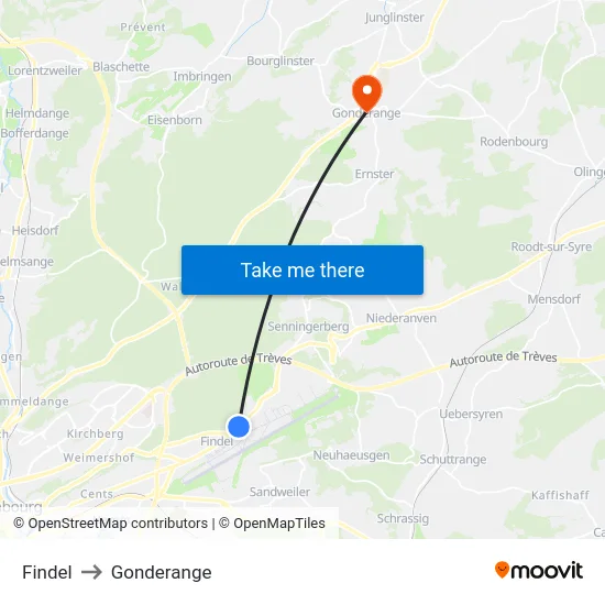 Findel to Gonderange map