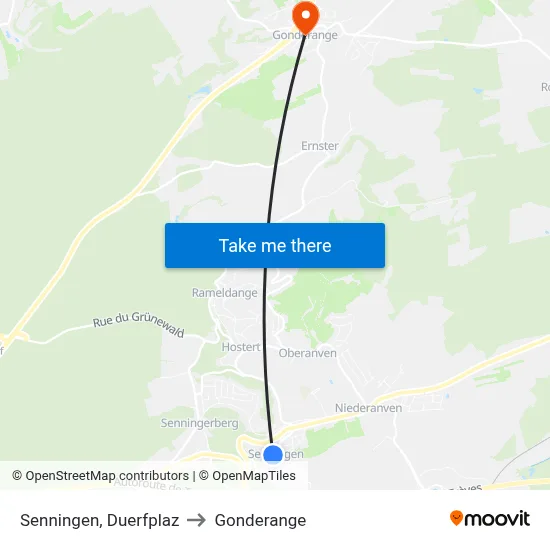 Senningen, Duerfplaz to Gonderange map