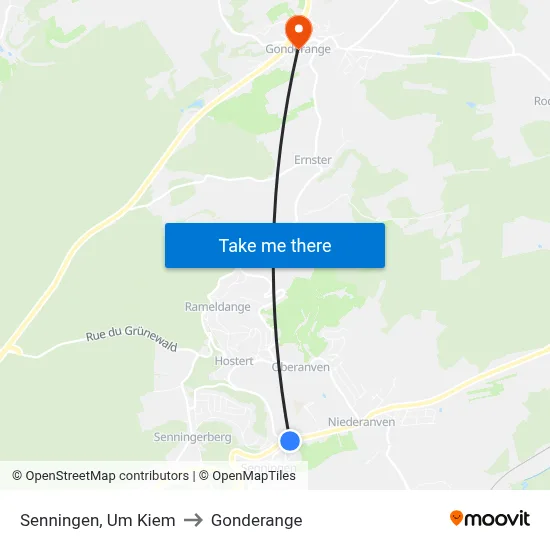 Senningen, Um Kiem to Gonderange map