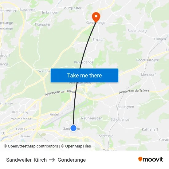 Sandweiler, Kiirch to Gonderange map