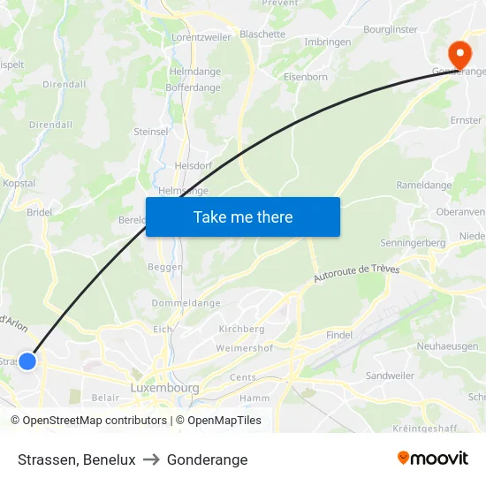 Strassen, Benelux to Gonderange map