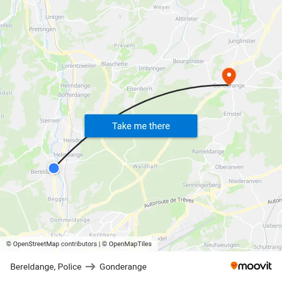 Bereldange, Police to Gonderange map