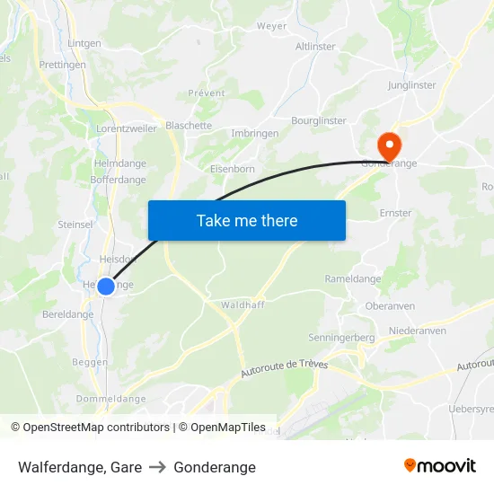 Walferdange, Gare to Gonderange map