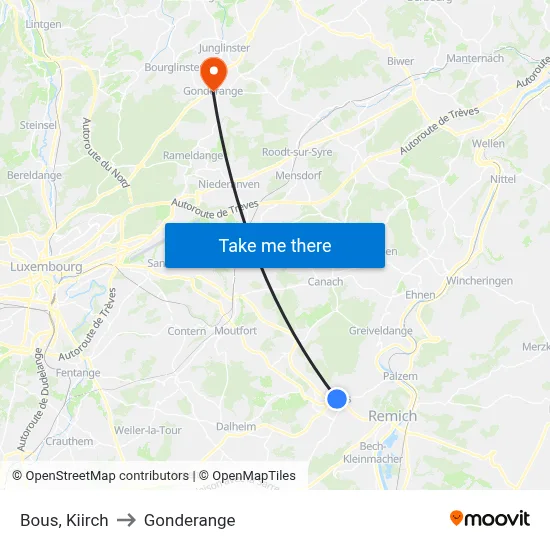 Bous, Kiirch to Gonderange map