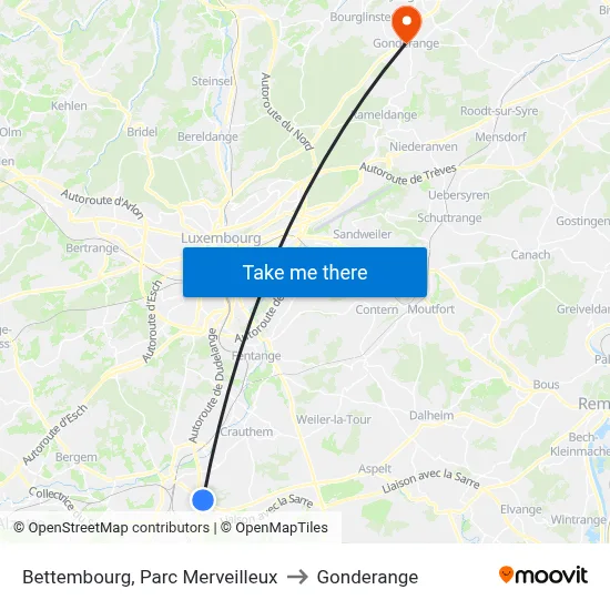 Bettembourg, Parc Merveilleux to Gonderange map