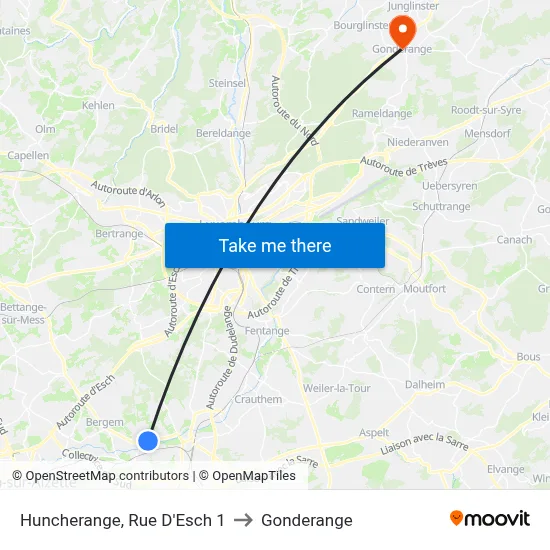 Huncherange, Rue D'Esch 1 to Gonderange map