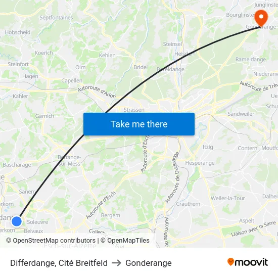 Differdange, Cité Breitfeld to Gonderange map