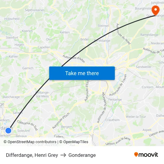 Differdange, Henri Grey to Gonderange map