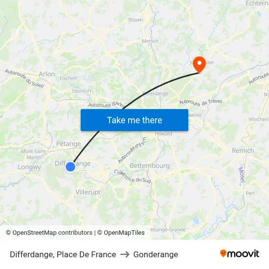 Differdange, Place De France to Gonderange map